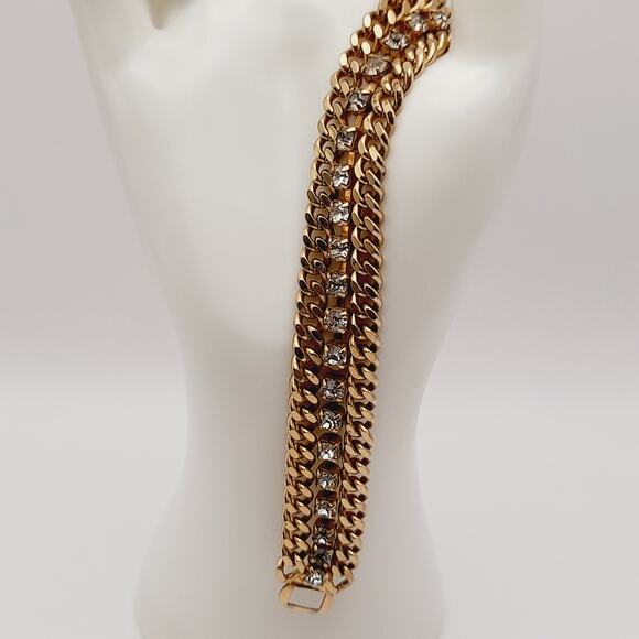 Vintage Wide Three Strand Gold Tone Bracelet - 7 1/4 Inches, Curb Rhinestones - Picture 2 of 10